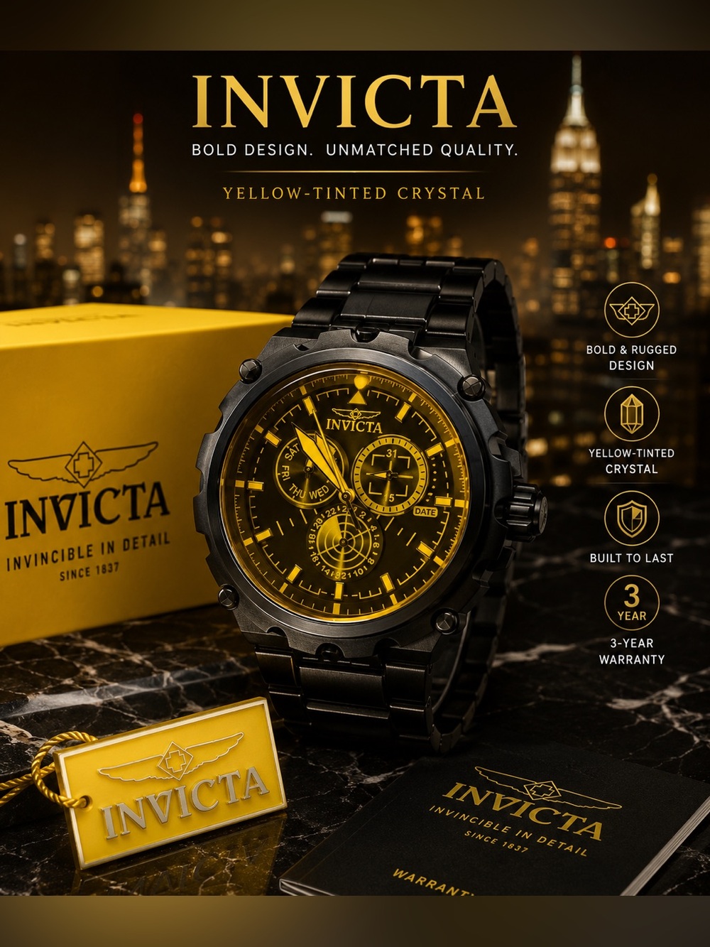 ✨ Invicta Men’s Black Multi-Function Watch | Yellow-Tinted Crystal | New in Box